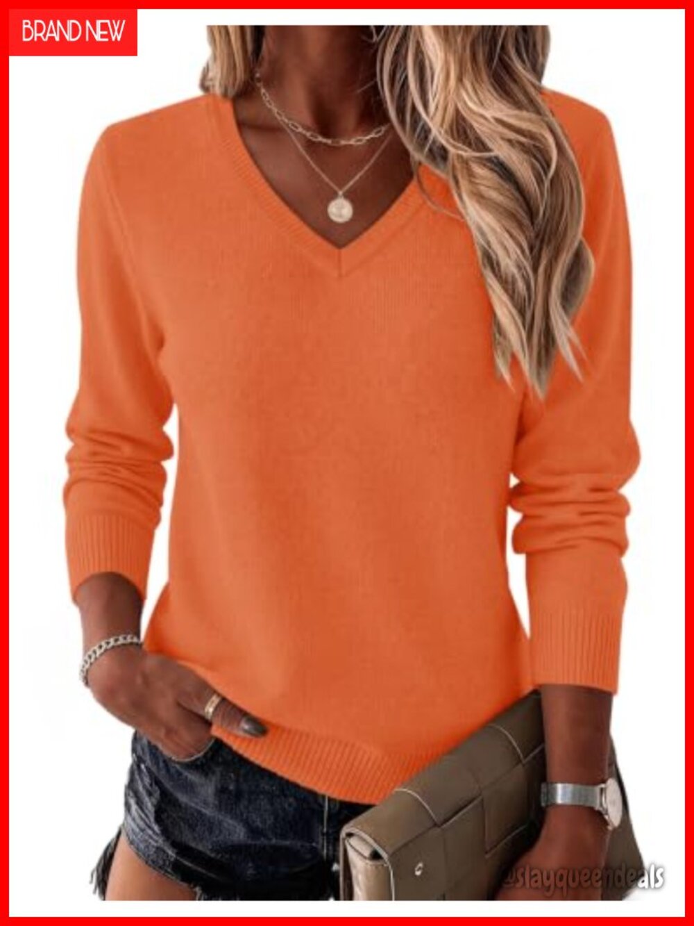 Wool Blend V Neck Knit Sweater Long Sleeve Pullover Top
